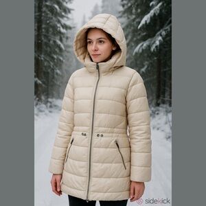 Women’s Long Puffer Coat Hooded Zip Front Neutral Beige Winter 2X NWT